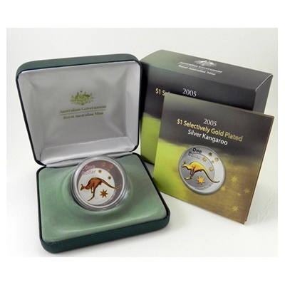 2005 1oz Silver Proof Selectively Gold Plated Kangaroo - Click Image to Close